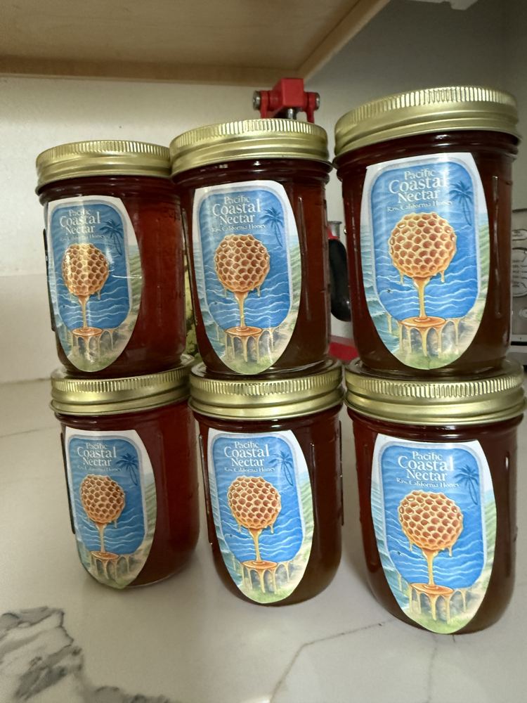 Real Pacific Coastal Nectar jars with blue honeycomb labels