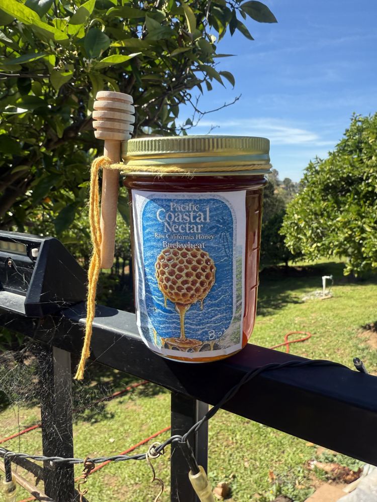 Pacific Coastal Nectar jar with honey dipper on a fence rail under blue sky