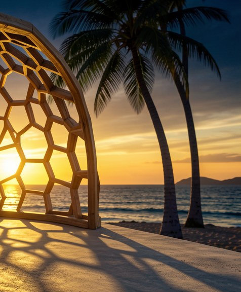 Honeycomb pavilion on the beach at sunset with palm trees and ocean